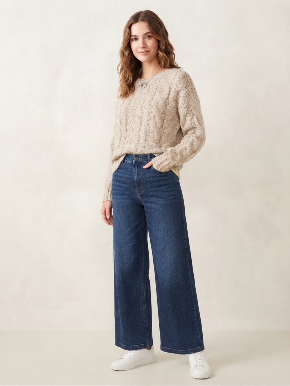 Dress Forum Cable-Knit Crew Neck Sweater in Beige